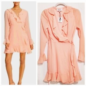WAYF Anthropologie Gabby Ruffle Long Sleeve Wrap Mini Dress Blush Coral Pink NEW